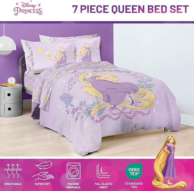 Jay Franco Kids Comforter Set Includes Sheets and Pillow Covers - Soft and Cozy Bed Set for Stylish Room Decor, Purple - Disney Princess Rapunzel, 7 Piece Queen Size Bedding
