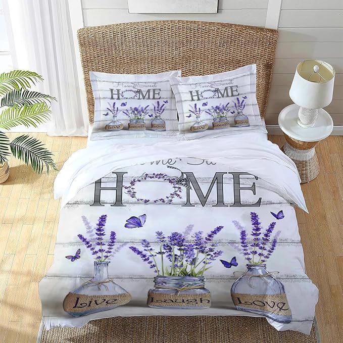 Lavender Theme 3 Pieces Duvet Cover Comforter Set with 2 Pillowcase Queen Size Purple Flower Bed Sheet Quilt Bedroom Bedding for Lover Kids