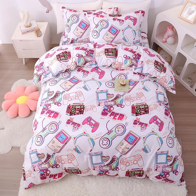 JSD Pink Gamer Kids Duvet Cover Set Queen Size, 3 Piece Teens Printed Microfiber Comforter Cover with Pillow Sham Zipper Closure, Comforter Not Included