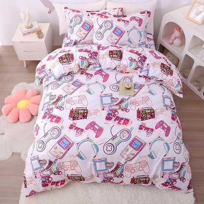 JSD Pink Gamer Kids Duvet Cover Set Full Size, 3 Piece Soft Printed Microfiber Comforter Cover with Pillow Sham Zipper Closure, Comforter Not Included