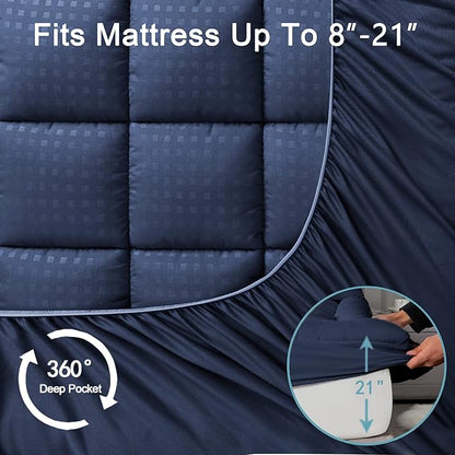HYLEORY King Mattress Pad Quilted Fitted Mattress Protector Cooling Pillow Top Mattress Cover Breathable Fluffy Soft Mattress Topper with 8-21" Deep Pocket, Navy
