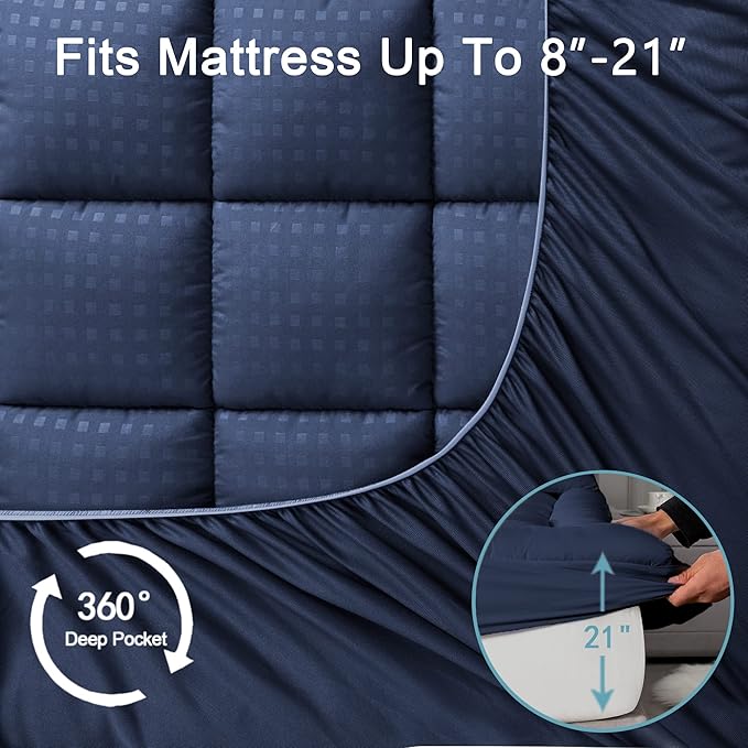 HYLEORY Twin Mattress Pad Quilted Fitted Mattress Protector Cooling Pillow Top Mattress Cover Breathable Fluffy Soft Mattress Topper with 8-21" Deep Pocket, Navy