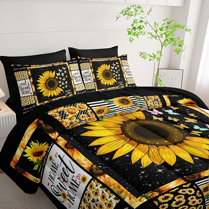 Sunflower Comforter Set 7 Piece Twin Size Bed in A Bag,Flowers Bedding for Room Decor,Soft Sunflower Bedding with Fitted Sheet,Flat Sheet, Pillowcases & Shams