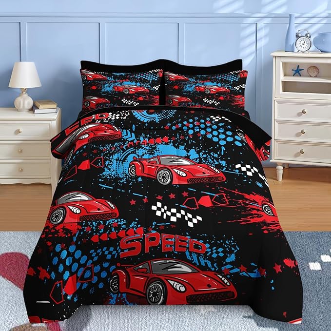 Nesker 7 Pcs Comforter Set Full Size, Red Black Sports Car Bedding for Kids Teen, Auto Race with Fitted Sheet 2 Pillowcases & 2 Shams for Bedroom Bed Decor