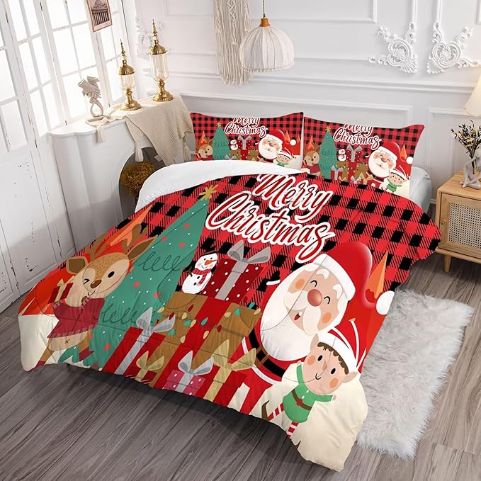 Christmas Comforter Set Twin Size Black and Red Plaid Bedding Sets Xmas Gift Christmas Themed Festival Quilt Set,1 Comforter + 1 Pillow Case