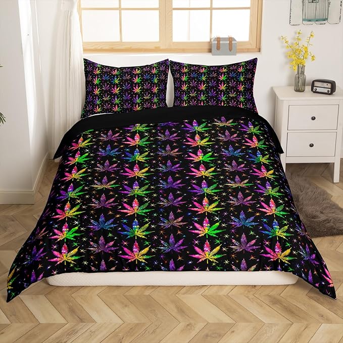 Castle Fairy Shiny Cannabis Leaves Comforter Covet Full Size,Colorful Marijuana Leaves Duvet Cover with 2 Pillowcases,3 Piece,Boho Botanical Rainbow Polyester Bedding Set for Boys Teens Bedroom Decor