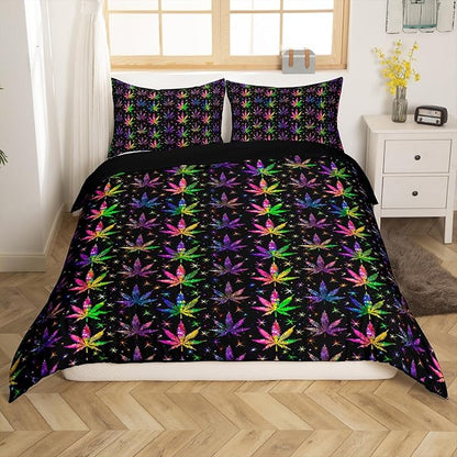 Shiny Cannabis Leaves Duvet Cover Set King Size,Colorful Marijuana Leaves Comforter Cover with 2 Pillowcases,Boho Botanical Rainbow Modern Bedding Set for Adult Young Bedroom Xmas Gift