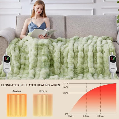 Heated Blanket Throw with 1/2/4/6/8 Hours Auto-Off 10 Heat Level, 90'' * 100'' Cozy Faux Rabbit Fur Bubble Electric Blanket with Overheat Protection(Tie-Dye Green)