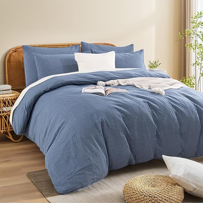 NEXHOME PRO Duvet Cover Twin 100% Washed Cotton, Organic Natural Linen Like Textured, Breathable, Durable, Home Bedding Set, Heathered Blue 6890