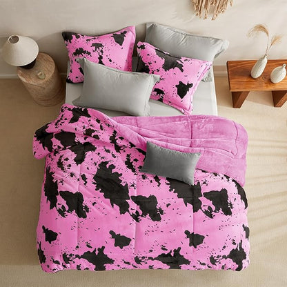 Petrichor Velvet Flannel Queen Comforter Set-Cow Print Western Style Blanket,Luxury Fuzzy Heavy Bedding Set, 3 Pieces Plush Winter Bed Set with Comforter (90"x90") & 2 Pillow Shams (20"x26")