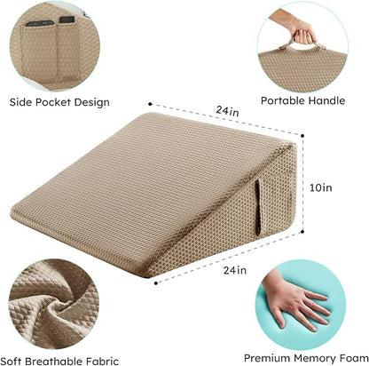 Bedluxe Wedge Pillow, 10 inch Bed Wedge Pillow for Headboard, Pillow Wedge for Acid Reflux Relief, Sleeping, After Surgery, Snoring, Gerd, Triangle Pillow Wedge - Cooling Memory Foam Top, Coffee