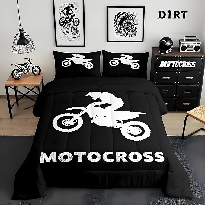 Feelyou Dirt Bike Bedding Set Boys Extreme Sports Comforter Set for Kids Boys Motocross Rider Comforter Cool Sports Quilt 1 Comforter Set with 2 Pillowcases King Size Boys