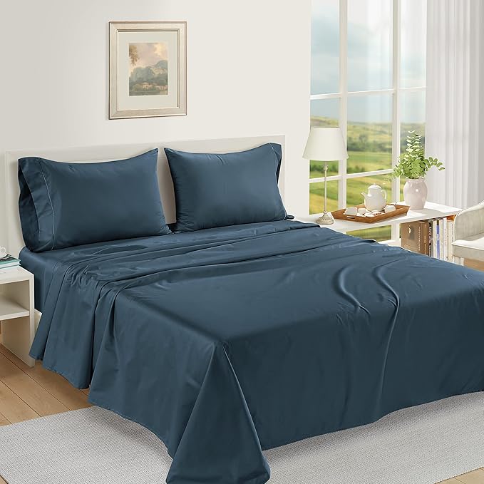 LANE LINEN 100% Egyptian Cotton California King Sheets Set, Soft & Comfy No Pill Fade Resistant Oeko-Tex Certified Cotton Sheets Cal King Size Set, 15" deep Pokcet Sheets - Dark Denim