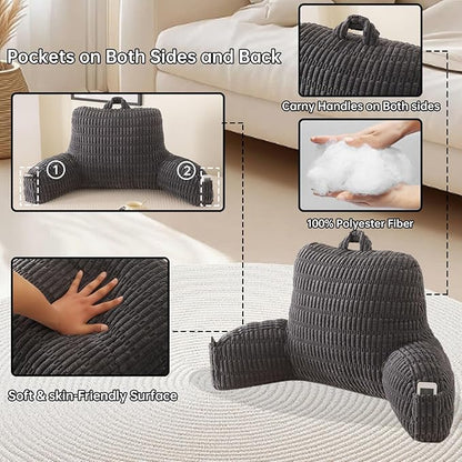 Reading Pillow for Sitting in Bed, Large Backrest Reading Pillow with Arm Rest,Back-Rest Support Cushion for Sit Up on Couch, Sofa, and Floor, Dorm Essentials (Grey Corduroy, Large(19"))