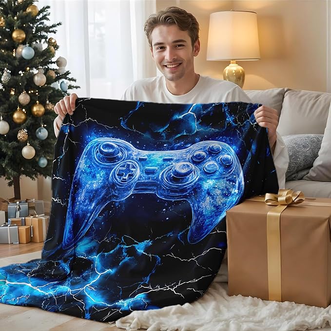 Boys Throw Blanket Gamer Blanket for Boys Teen Gift for Game Lovers, Cool Blue Cozy Soft Flannel 80 x 60 Inches Throws for Sofa Office Trip Garden