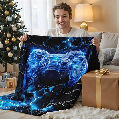 Boys Throw Blanket Gamer Blanket for Boys Teen Gift for Son Grandson, Blue Fuzzy Cozy Soft Flannel 60 x 50 Inches Throws for Sofa Office Trip Club