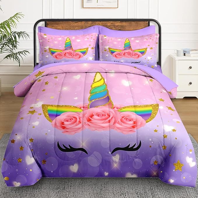 Queen Size Comforter Set with 2 Pillowcases & 2 Shams, Cute Cartoon Unicorn 7 Pcs Bedding for Kids and Teens, Rainbow Horse Flowers Bed in a Bag with Flat Fitted Sheet