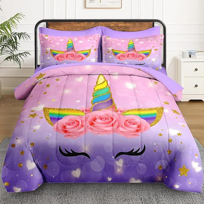 Queen Size Comforter Set with 2 Pillowcases & 2 Shams, Cute Cartoon Unicorn 7 Pcs Bedding for Kids and Teens, Rainbow Horse Flowers Bed in a Bag with Flat Fitted Sheet