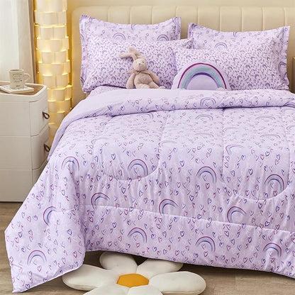 Mooreeke Full Size Comforter Sets for Girls Kids, 8 Pieces Bed in a Bag Purple Love Rainbow Bedding Comforter Sheet Set with Shams and Decorative Toy Pillow, Ultral Soft Microfiber Kids Bed Set