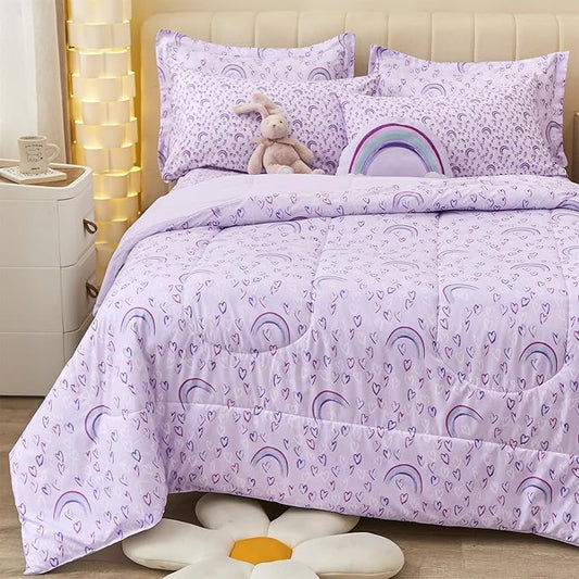 Mooreeke Full Size Comforter Sets for Girls Kids, 8 Pieces Bed in a Bag Purple Love Rainbow Bedding Comforter Sheet Set with Shams and Decorative Toy Pillow, Ultral Soft Microfiber Kids Bed Set