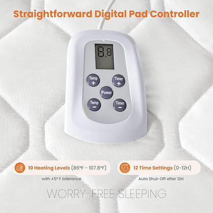Sweetcrispy Heated Mattress Pad Twin Size (75×39″) – Quilted Electric Bed Warmer with 12 Heat Settings, 10‑Hour Auto Shut‑Off, Machine Washable, ETL Certified – White