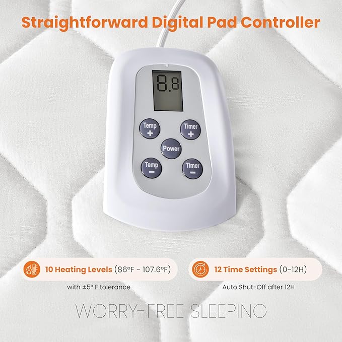 Sweetcrispy Heated Mattress Pad Full Size (75×54″) – Portable Electric Mattress Warmer with 12 Heat Levels, Auto-Off Timer, Soft Quilted Polyester, ETL Certified