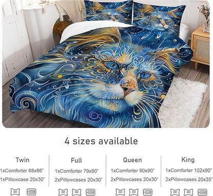 Cat Comforter Set Twin: Blue Exotic Cat Bedding Set for Kids Teens Girls Boys Room Decor Boho Mandala Ethnic Kitten Quilt Bed Sets 1 Comforter & 1 Pillowcase
