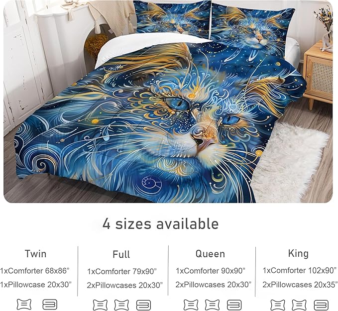 Cat Comforter Set Full: Blue Exotic Cat Themed Bedding Set Gothic Boho Ethnic Kitten Quilts Mystic Pet Animal Bed Sets for Teens Girls Women 1 Comforter & 2 Pillowcases