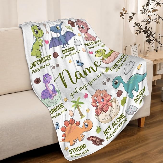Personalized Dinosaur Blanket,Custom Dinosaur Gifts for Kids Boys,God Says I Am Themed Blanket,Meaningful Thoughtful Religious Baptism Christian Gifts,Bible Verse Quilt with Name,60"x80" for Adults