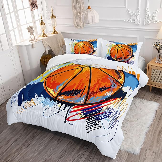 Basketball Comforter Set Hand Drawn Basketball Sports Comforter Sets Quilt with 1 Comforter and 2 Pillowcases for Kids Boys Girls Bedroom All Season（Basketball-3 Queen）