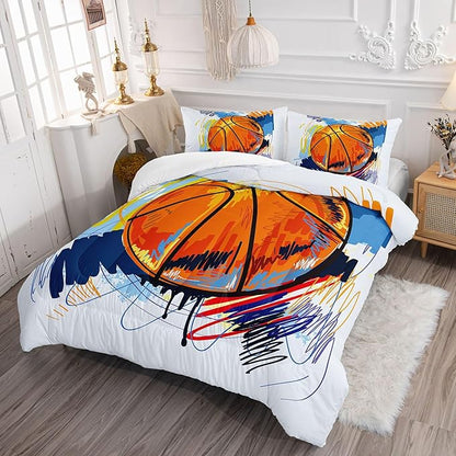 Basketball Comforter Set Hand Drawn Basketball Sports Comforter Sets Quilt with 1 Comforter and 2 Pillowcases for Kids Boys Girls Bedroom All Season（Basketball-3 Twin）