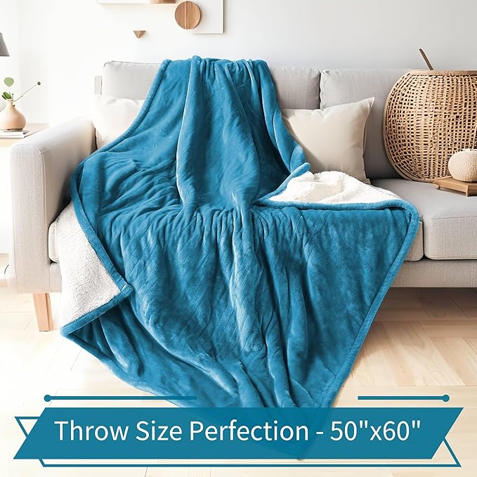Electric Heated Blanket Throw Size 50"x60" - Flannel & Sherpa Fabric Dual-Sided, 6 Heat Settings & 1-3 Hours Auto Off, Soft & Cozy Warming Throw for Home, Office, or Bed, Machine Washable, Tile Blue