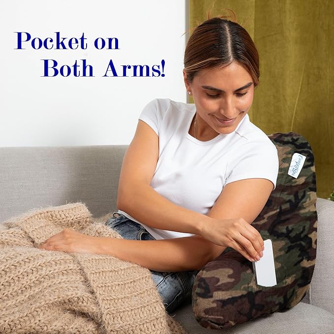 ComfortSpa Reading Pillow for Kids Teens Adult, Back Rest Pillow with Arms, Pockets, Washable Cover; Use as Back Pillow for Bed Sitting Up for Bedrest, Relief from GERD Heartburn (Standard Camouflage)