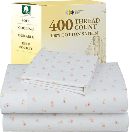 California Design Den Printed Twin XL Sheet Sets - 400 Thread Count Sateen, Natural 100% Cotton Bed Sheets, Deep Pockets, and Durable Bedding Set - Soft Floral