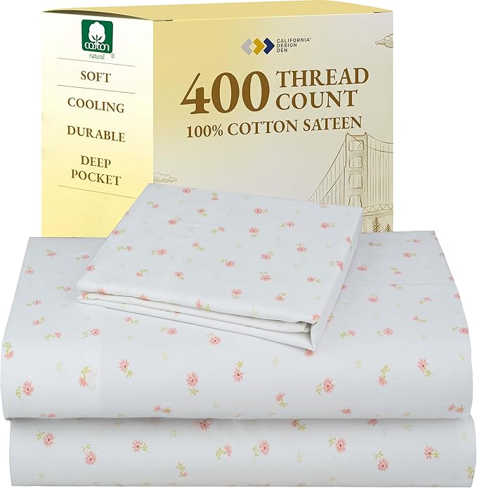 California Design Den Deep Pocket Twin Sheets Set - 400 Thread Count Sateen, Natural 100% Cotton Sheets, and Durable Bedding Set - Soft Floral
