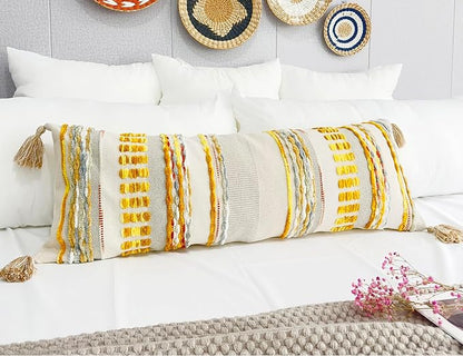 Chenille and Cotton Long Pillow for Bed, Striped Textured Boho Lumbar Throw Pillow Cover 12x36, Neutral Accent Decorative Extra Long Body Pillow Case for Couch, Sofa, Bedroom, Yellow-Grey