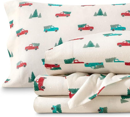 Bare Home Flannel Sheet Set Prints, 100% Cotton, Velvety Soft Heavyweight - Christmas Sheets - Double Brushed Flannel for Extra Softness & Comfort - Deep Pocket - Holiday Sheets (King, Vintage Truck)