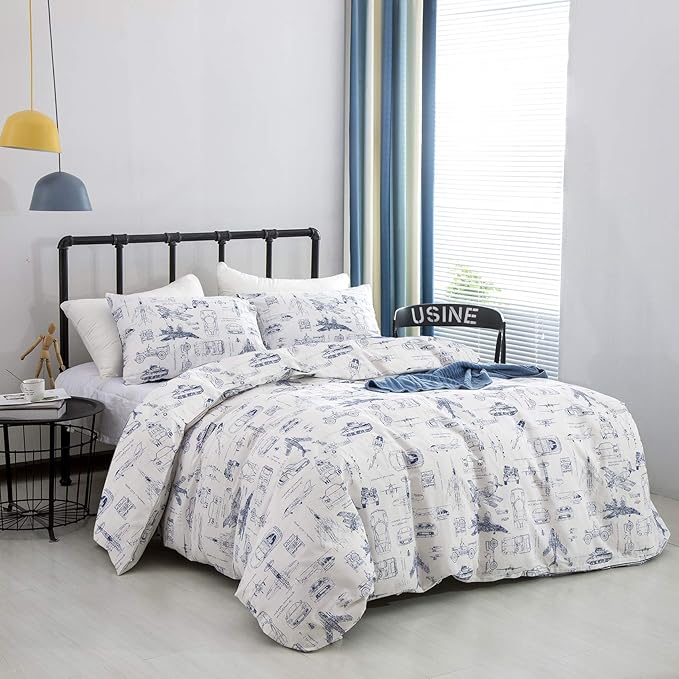 Wellboo Aircraft Comforter Sets Twin Boys Kids Plane Cartoon Bedding Comforters Cotton Toddler Children White and Blue Aviation Quilts Blue Military Cars Transport Army Blankets Adventure Dorm Bed