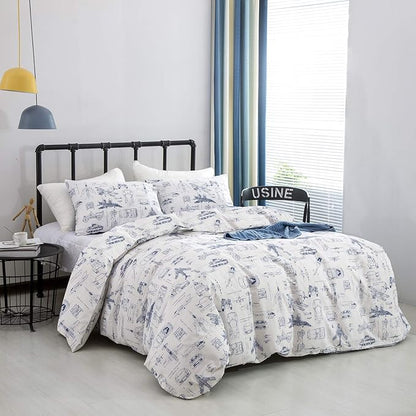 Wellboo Aircraft Comforter Sets Twin Boys Kids Plane Cartoon Bedding Comforters Cotton Toddler Children White and Blue Aviation Quilts Blue Military Cars Transport Army Blankets Adventure Dorm Bed