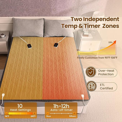 Bearhug Heated Electric Mattress Pads Queen Size Dual Controllers Bed Warmer Sherpa 21” Deep Pocket 10 Heat Settings 12-Hour Timer Machine Washable Gray 60”×80”
