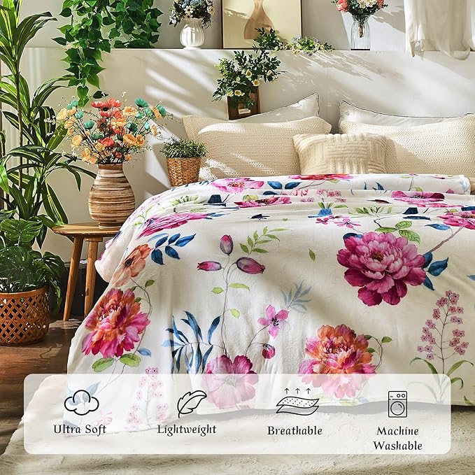Floral Throw Blanket Birthday Gift for Women Mom Girls Peony Flowers Blanket Summer Wildflower Flannel Blanket Watercolor Printed Throw for Couch Sofa Bed Chair 60"x80"