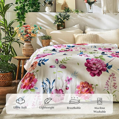 Floral Throw Blanket Birthday Gift for Women Mom Girls Peony Flowers Blanket Summer Wildflower Flannel Blanket Watercolor Printed Throw for Couch Sofa Bed Chair 60"x80"