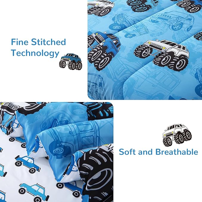 Mooreeke Kids Full Comforter Sets for Boys 8 Pieces Truck Blue Bedding Set for Teens Soft Microfiber Kids Bed in A Bag with Comforter, Sheet Set, Shams and Decorative Toy Pillow All Season