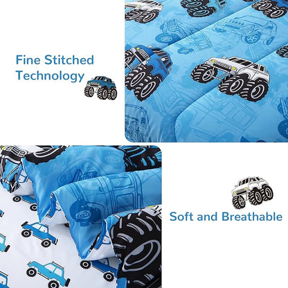 Mooreeke Kids Full Comforter Sets for Boys 8 Pieces Truck Blue Bedding Set for Teens Soft Microfiber Kids Bed in A Bag with Comforter, Sheet Set, Shams and Decorative Toy Pillow All Season
