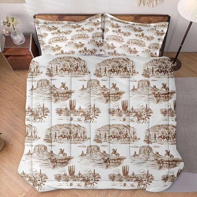 Full Size Comforter Set with 2 Pillowcase, American Desert Cowboy Soft 3 Pcs Bedding for Kids and Adults, Western Country Vintage Comforter Set for Room Bedroom Bed Decor