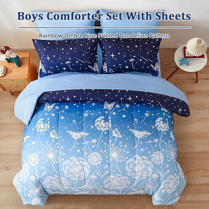 Menghomeus Queen Size Comforter Set for Boys Girls 7 Pieces Bed in A Bag Ombre Blue Rainbow Bedding Set Dandelion Butterfly Print Kids Teen Bedding Collections