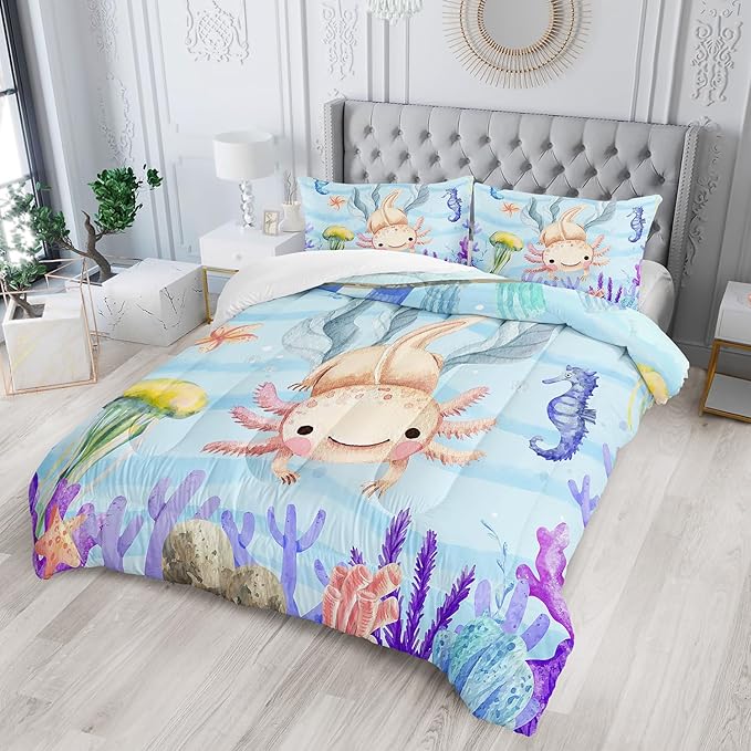 Kawaii Axolotl Ocean Comforter 3Pcs Twin Salamander Hippocampus Marine Animal Jellyfish Fish Bedding Set for Kid Boy Girl Teen Adult Coral Starfish Bed Decor with 1 Comforter and 2 Pillowcases
