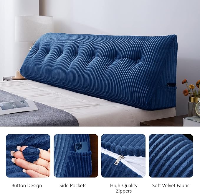 Large Headboard Pillow Headboard Wedge Pillow Bed Rest Reading Pillow Bolster Triangular Pillow for Sitting in Bed-Backrest Positioning Support Long Pillow for Daybed (Queen: 59x8x20 Inches,Blue)