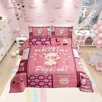 Castle Fairy Kawaii Pigs Full Size Comforter Set,Pink Animals Bedding Set for Adults Teens,Children Pig Grid Comforter Luxury Pink Pigs Quilt Set Room Decor 3Pcs