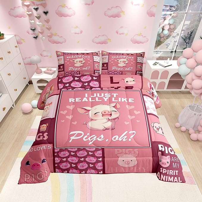 Pink Pigs King Size Comforter Set,Kids Cute Pig Pattern Decor All Season Bedding Set,Teens Animals Grid Printing Comforter,Girls Lovely Pink Decor Quilt Set Bedroom Collection 3Pcs